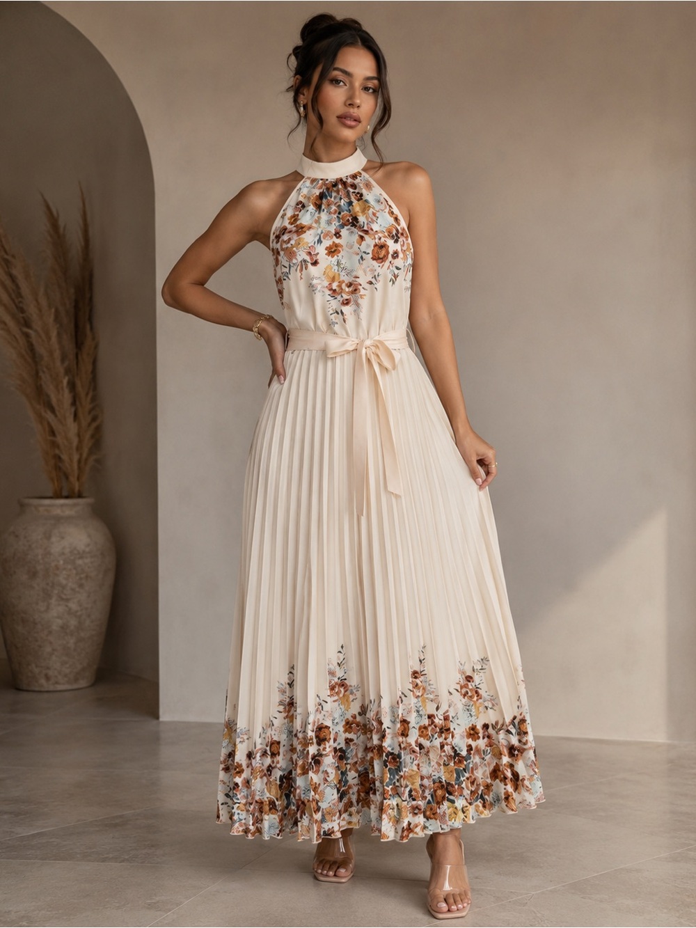 84- NEW Elegant Apricot Floral Pleated Halter Maxi Dress Belted Sleeveless Boho